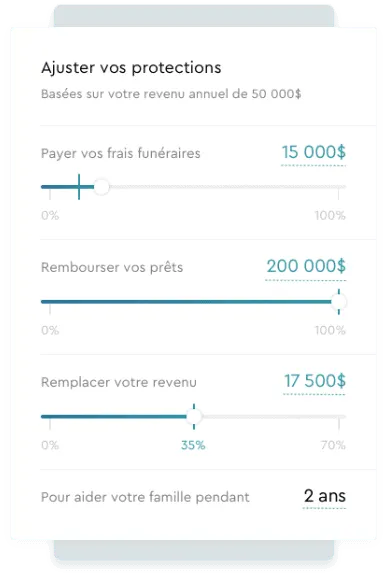 Écran « Ajuster vos protections » : curseurs pour les frais funéraires, le remboursement des prêts et le remplacement du revenu